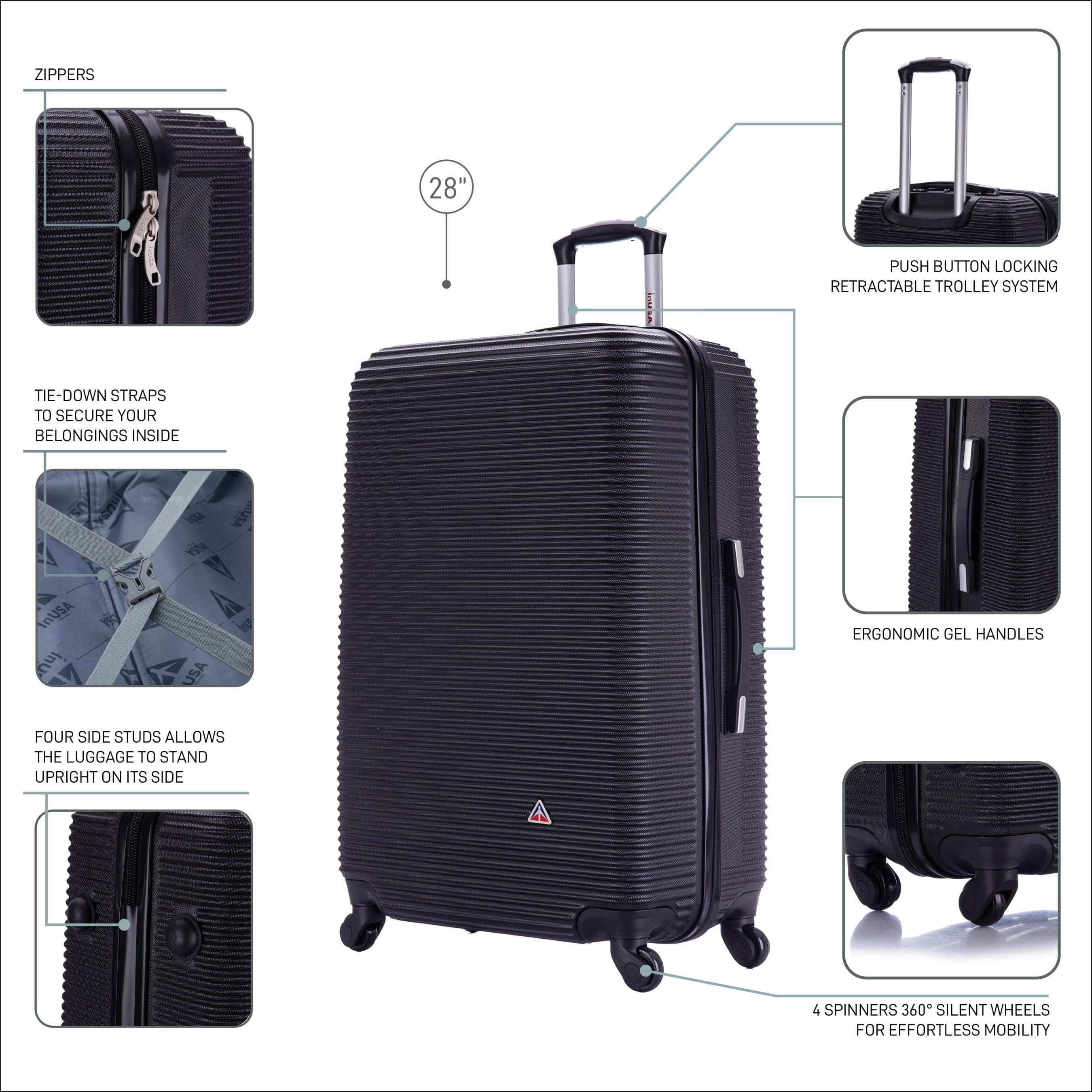 InUSA Royal 28" Hardside Lightweight Luggage with Spinner Wheels, Handle, and Trolley, Black