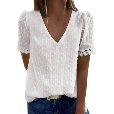 SANSIWU Women s V-Neck Tops Swiss Dot Lace Short Sleeve T Shirts Babydoll Loose Fit Casual Blouse