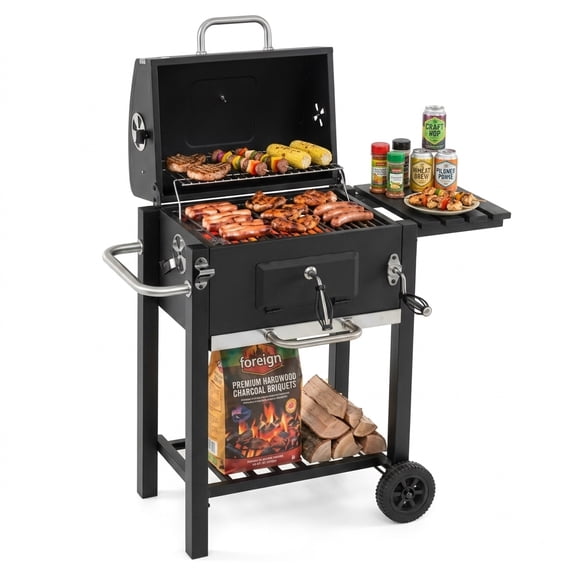 Biotree Portable Outdoor Charcoal BBQ Grill with Adjustable Charcoal Tray, Charcoal Grill on Wheels with Warming Rack, BBQ Smoker Cooker for Backyard Patio Camping Black