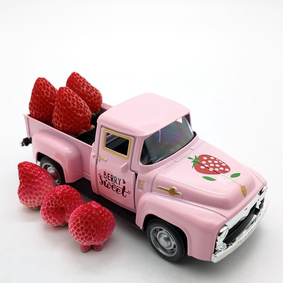 Red Strawberry Metal Truck Decor,Sweet Candy Land Metal Truck with Strawberries Ornaments,Harvest Farmhouse Vintage Pickup Car Decor for Tabletop Centerpiece Home Kitchen Decorations