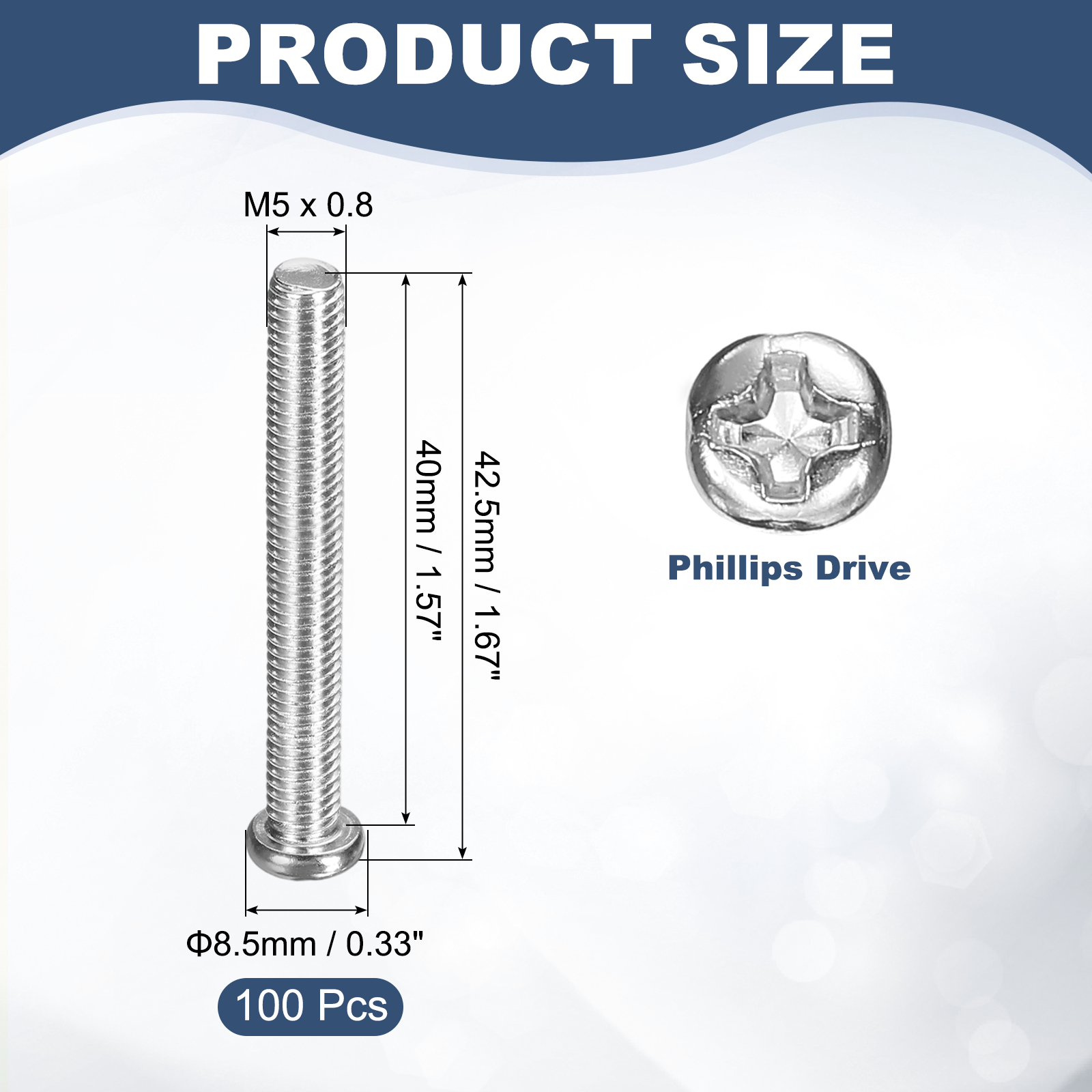 Uxcell M5x40-0.8mm Pan Head Machine Screws, Phillips Drive for Computers, 100 Pcs