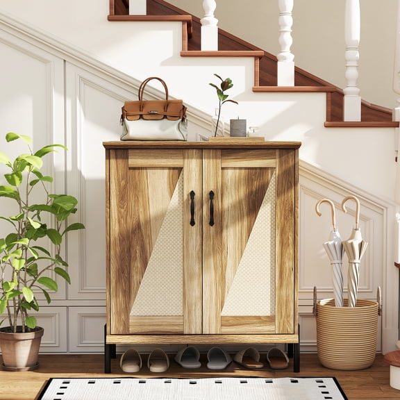 Costway 5-Tier Farmhouse Shoe Cabinet with Woven Rattan Doors, Removable Shelves for Closet