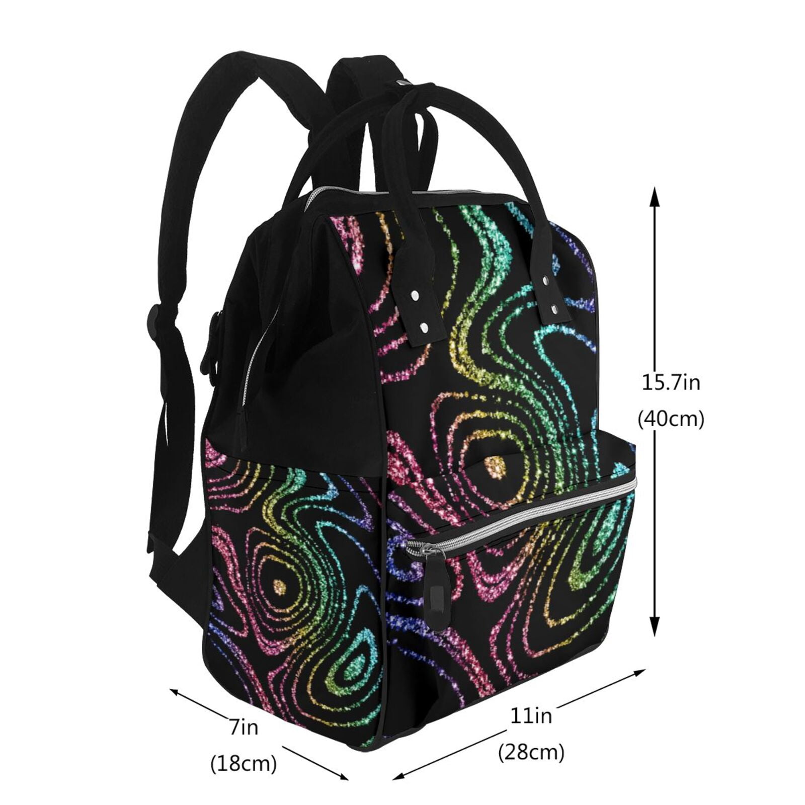 Ratiio Rainbow Glitter Mummy Backpack - Waterproof Twill Canvas, Large Capacity Diaper Bag with Multiple Pockets and Adjustable Straps