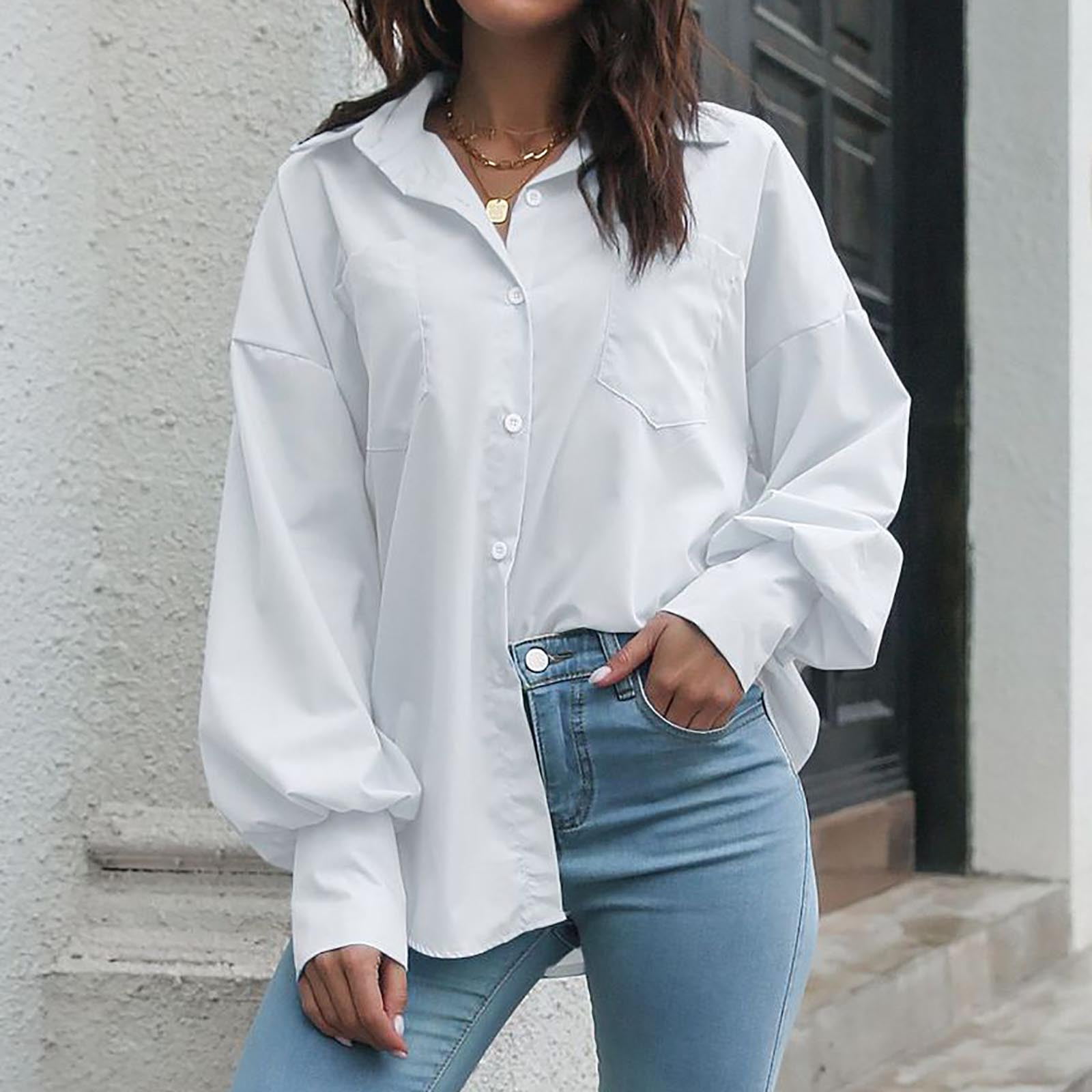 Comfy Flowy Hide Belly Long Shirt Long Sleeve Shirts Button Down Collared  Solid Dressy Tunic Tops to Wear with Leggings Plus Size Tops for Women  White M 