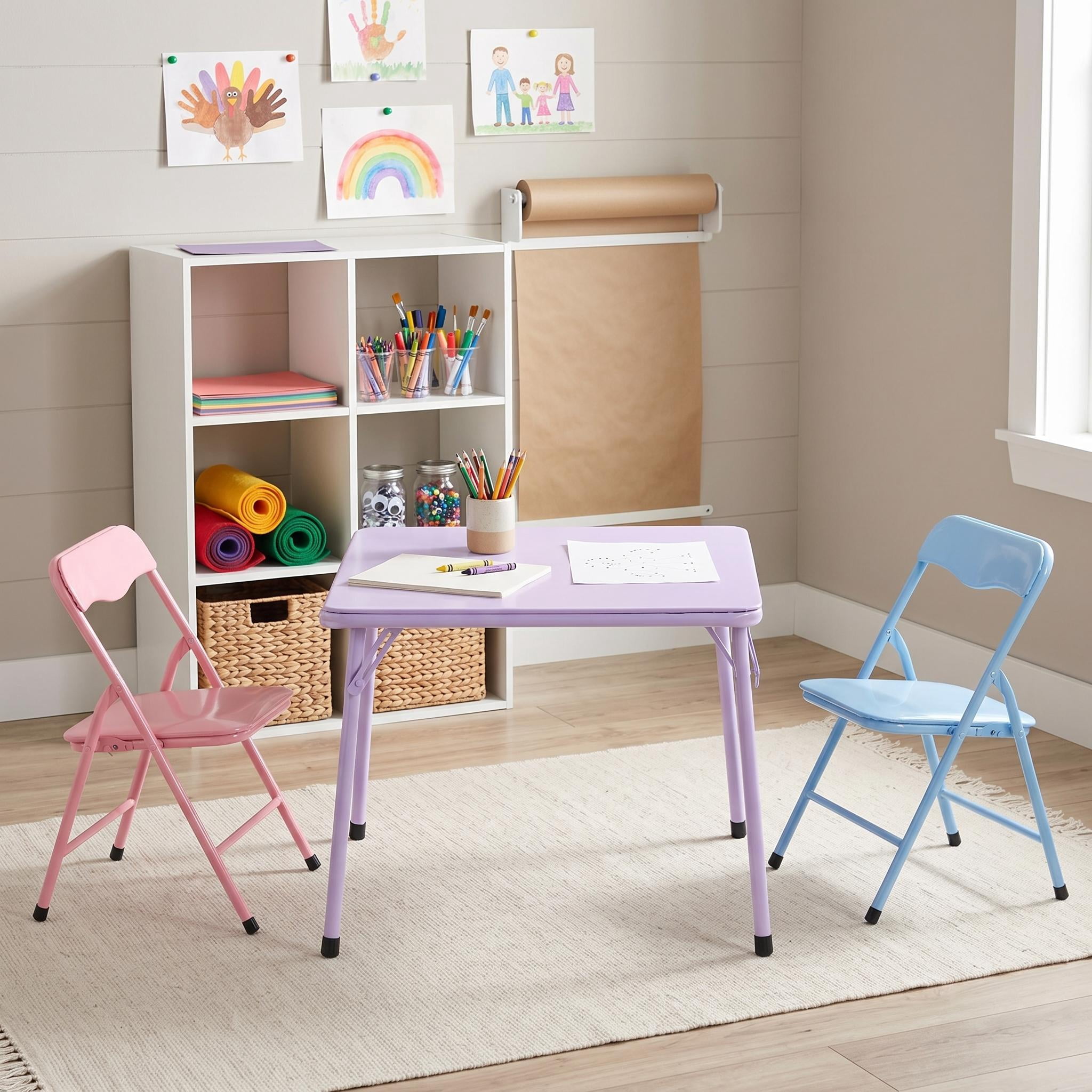 Homy Casa Kids Folding Play Table with 2 Chairs, Multicolor Toddler Playroom Classroom Activity Set