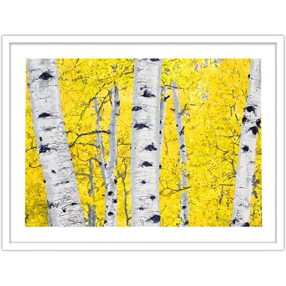 PixonSign Framed Wall Art Print Wall of Bright Yellow Forest Leaves Nature Wilderness Photography Realism Rustic Landscape Colorful Multicolor Ultra for Living Room, Bedroom, Office - 12"x16" WHITE
