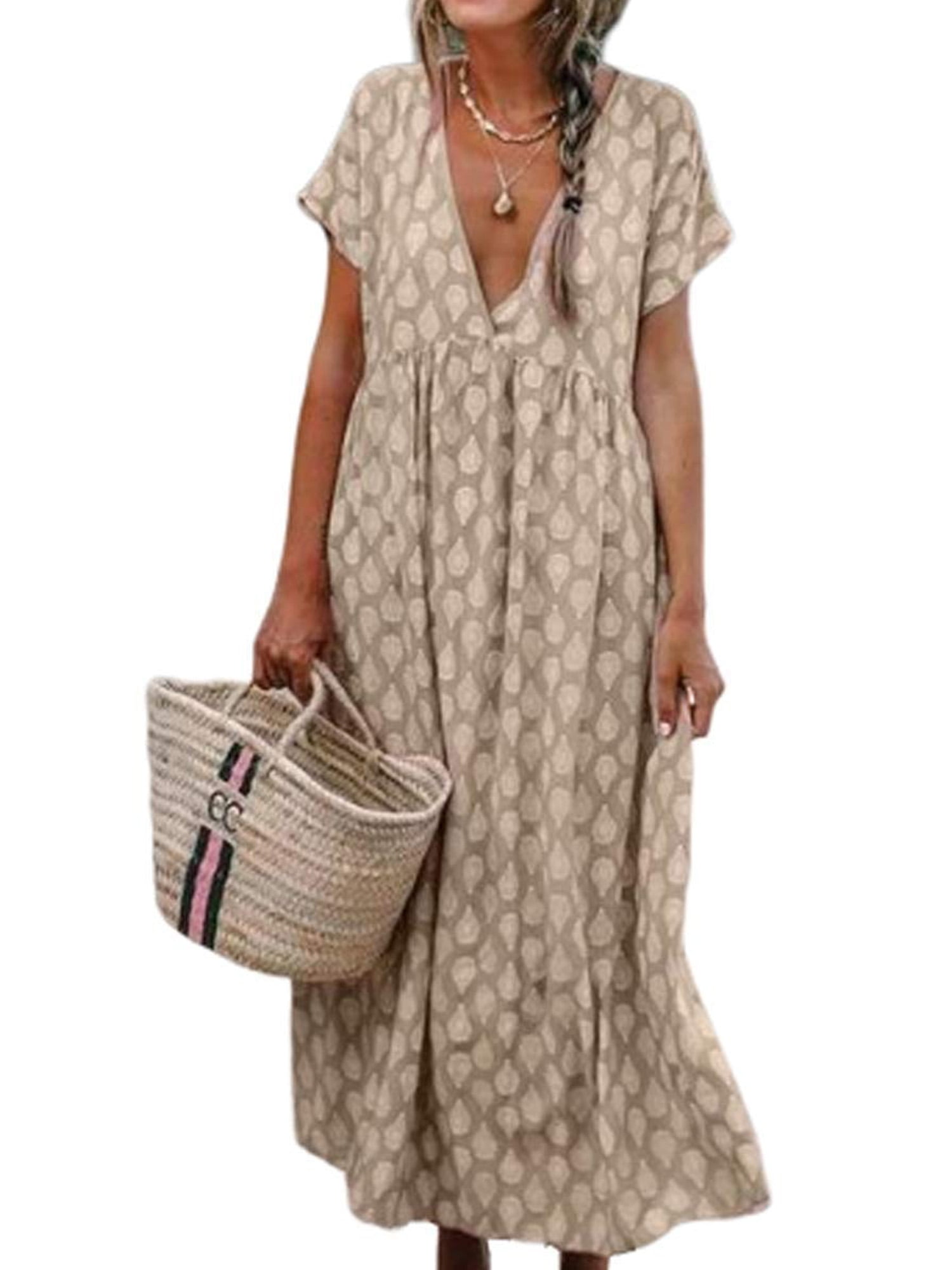 Women Boho Striped Dress Fashion Ladies Summer Loose Casual Vintage Ethnic V Neck Style Full Sleeve Pleated Stand Beach Ruffle Dress