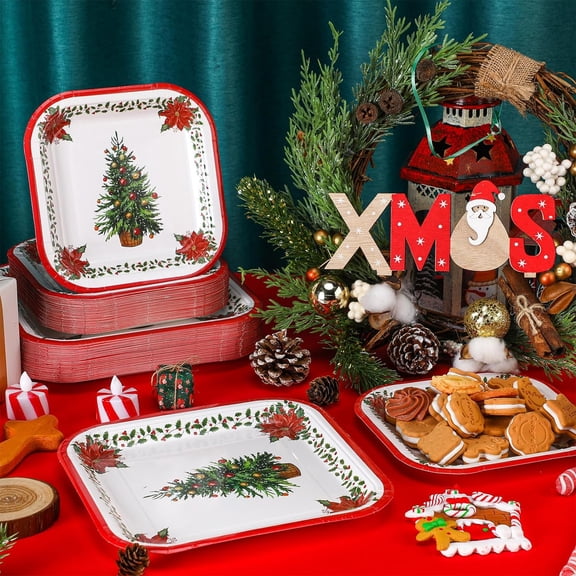 YUYAN-100 Pcs Christmas Paper Plates Christmas Xmas Disposable Paper Dessert Plates 9 Inches 7 Inches Square Dinner Set for Winter Holiday Party Supplies(Red and Green,Tree and Flower)