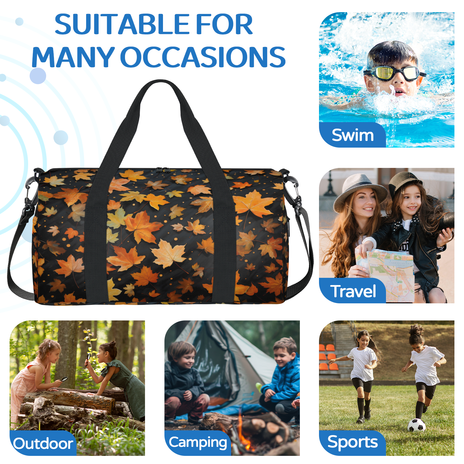 Herdesigns Maple Leaves Gym Bag for Women, Duffle Bag for Travel Sport, Lightweight Waterproof Carry on Weekender Overnight Dance Yoga Workout Bags