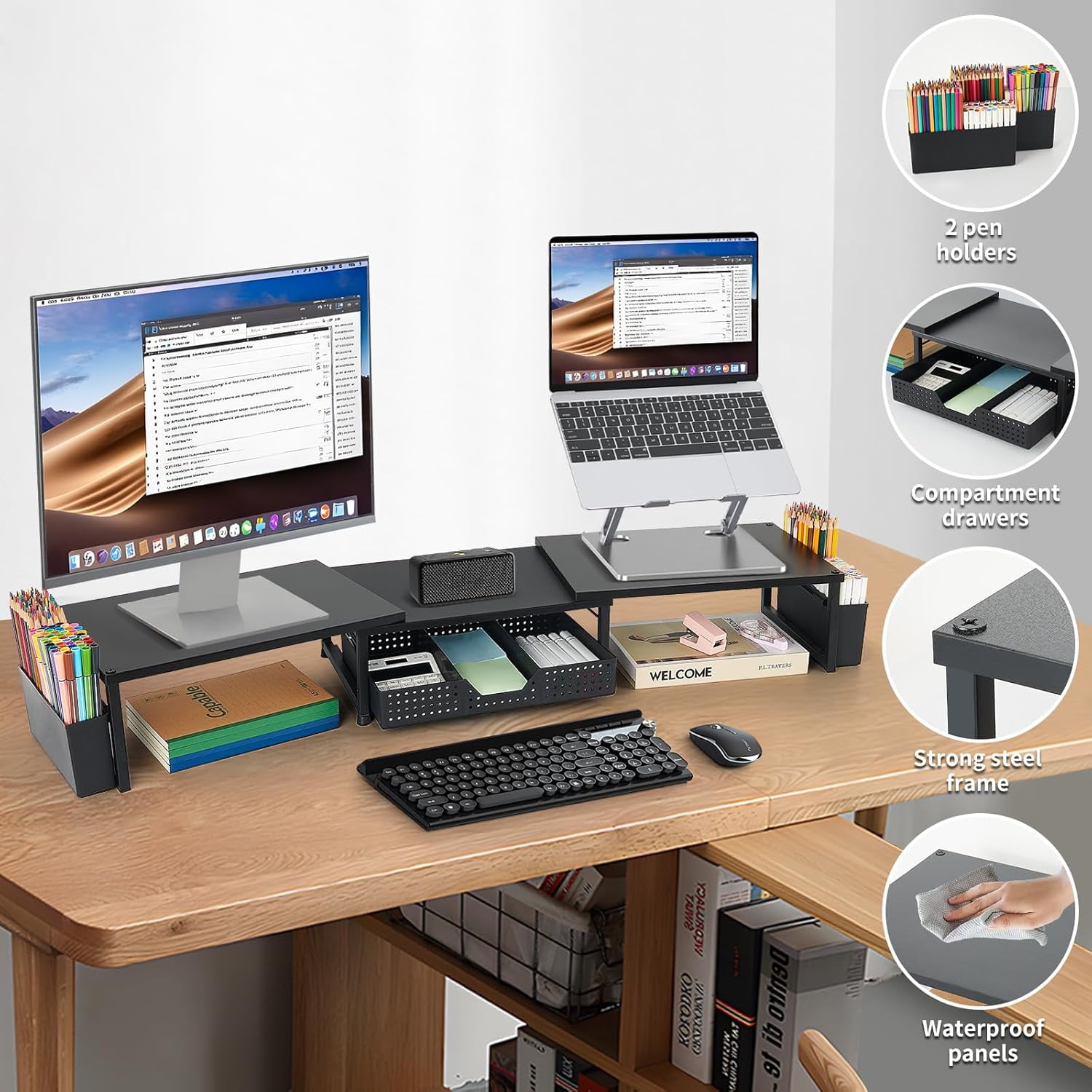 Dual Monitor Stand Riser with Drawer and Pen Holders, Metal Desk Shelf Organizer for Office Workspace, Green Desktop Storage