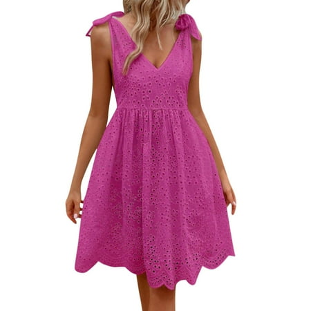 Mohiass Women s Sexy Spaghetti Strap Eyelet Lace Babydoll Dress A Line Beach Party Short Sun Dress Hot Pink M