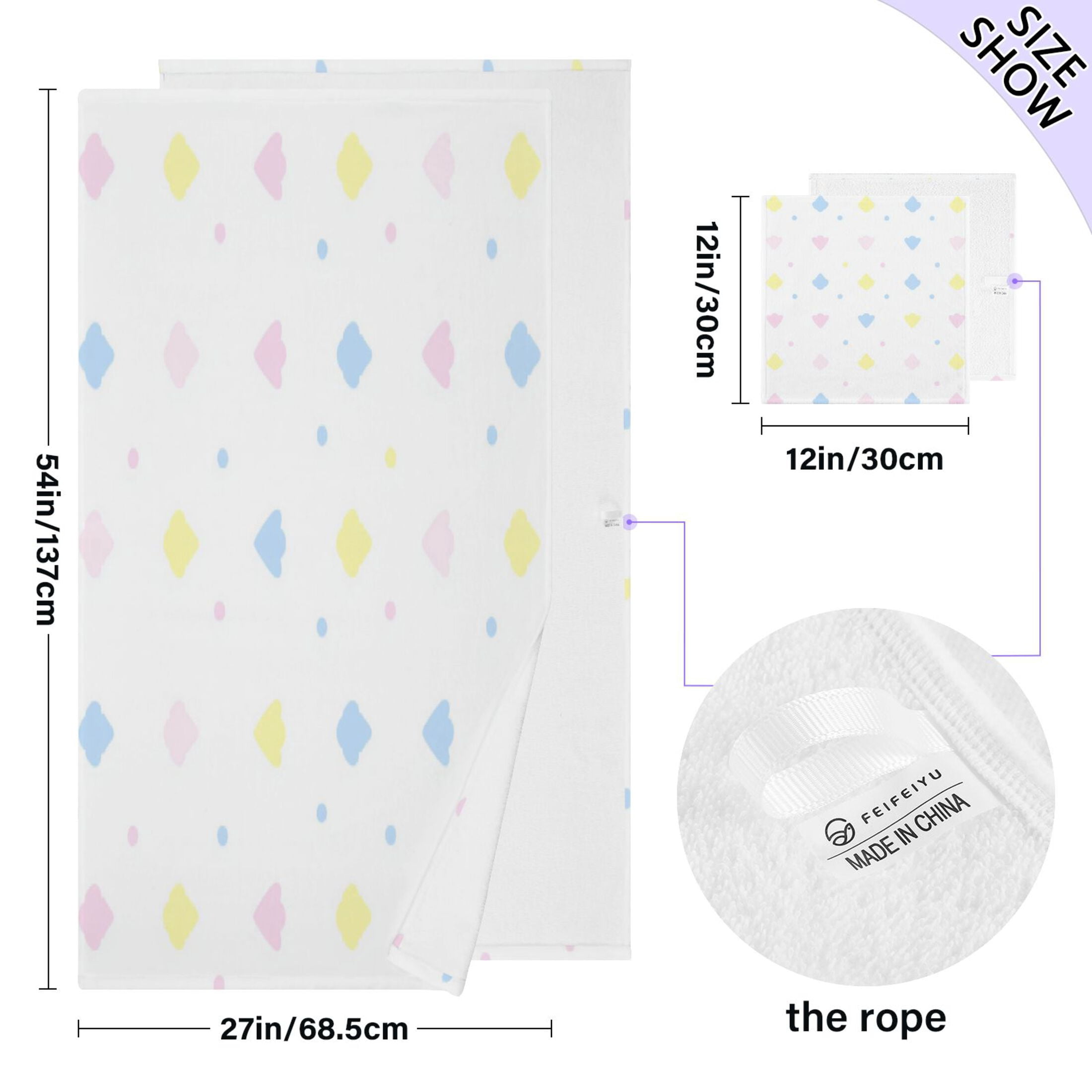 Colorful Pastel Shapes Pattern 2 Piece Cotton Bath and Face Towel Set Soft and Absorbent, for Beach Pool Bathroom