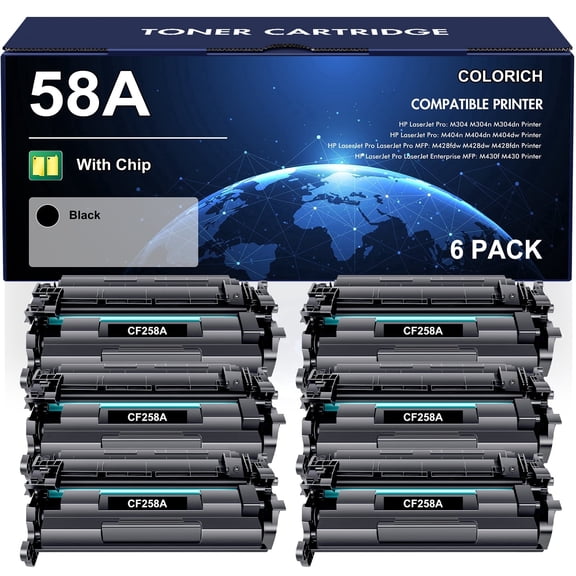 Colorich 58A Toner Cartridges with Chip Compatible for HP 58A CF258A 58X CF258X Laserjet M404n M404dn M404dw N406dn MFP M428fdw M428fdn M428dw M404 M428 M430f Printer (Black, 6 Pack)