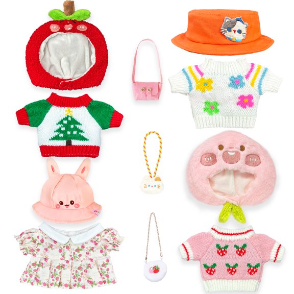 11PCS Plush Dress-Up Clothes & Accessories Set for 10.2 Inch Capybara Stuffed Animal, 4 Hats 3 Mini Bags 3 Knit Sweaters 1 Dress, Mix & Match Outfit Kit