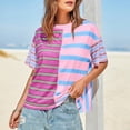 thumbnail image 6 of Women's Striped T Shirts Color Block Crewneck Short Sleeve Tshirts Casual Summer Tops Loose Fit Cozy Tees (XL, Pink), 6 of 8