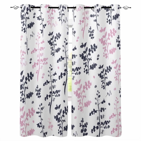 Grey Pink Botanical Black Out Curtains 84 Inch Long for Living Room, Watercolor Spring Floral Summer Leaf Blackout Curtain Shade Thermal Insulated Window Curtains Grommet Drapes 42"x84" 2 Panels