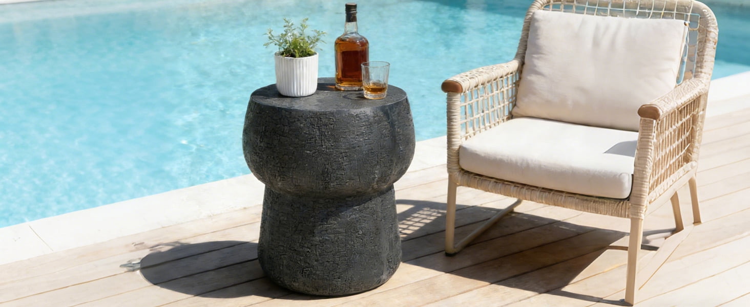 Mintazer 17.8" H Double Barrel Shaped Outdoor Side Table, Distressed Cement Accent Table for Patio Living Room, Black