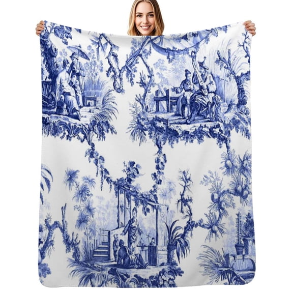 Blue Chinoiserie Toile Flannel Blanket Warm Soft Bedding Throws Winter Camping Chair Sofa Bed