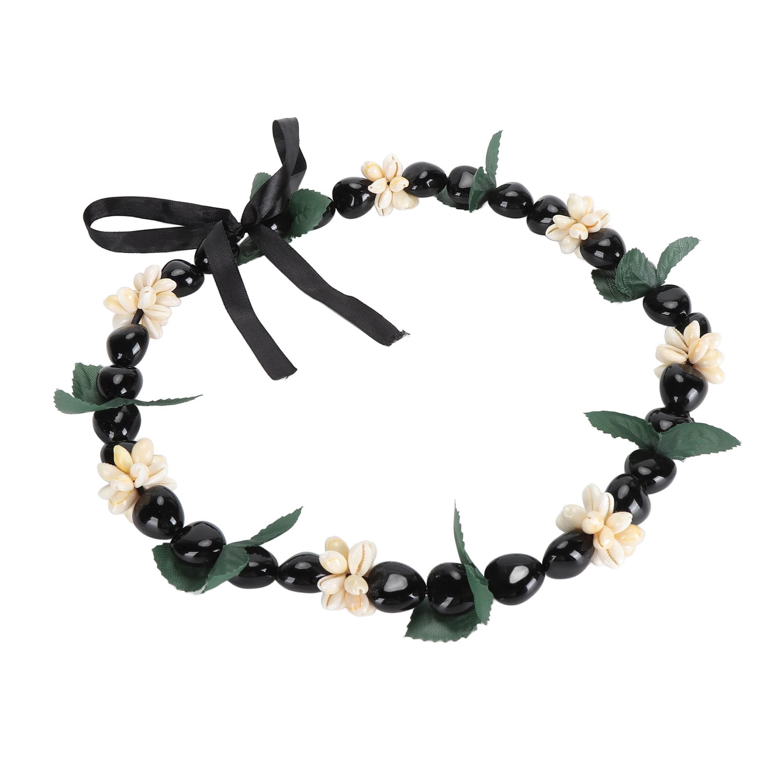 M Buder Hawaiian Kukui Nut Lei Necklace Hand Crafted Shell Ribbon Garland Elegant Fashionable for Graduation Luau Party Unisex 31.7 inches / 80.5 cm Black