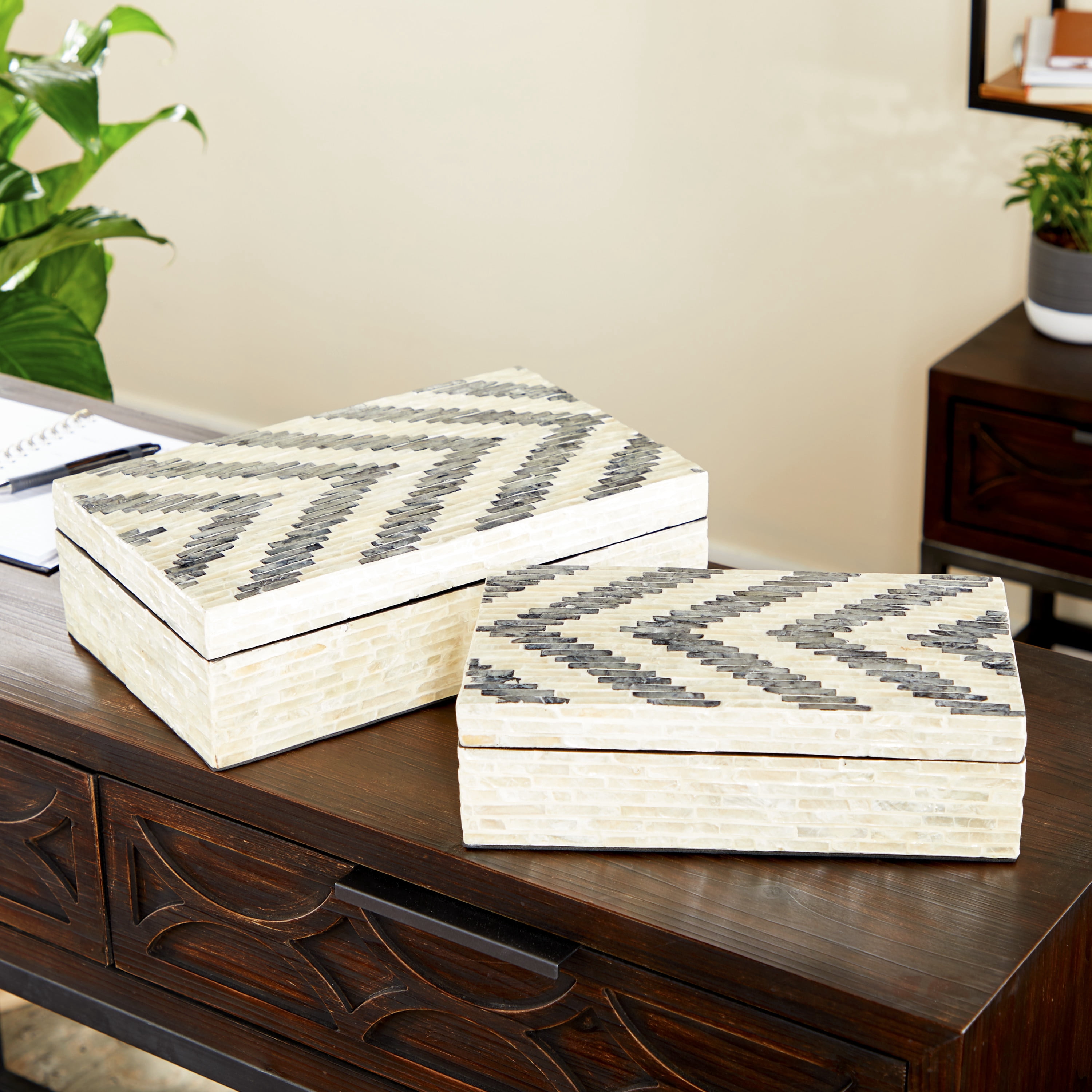 DecMode Handmade Chevron Pattern Cream Mother of Pearl Decorative Box with Hinged Lid, 2 Count