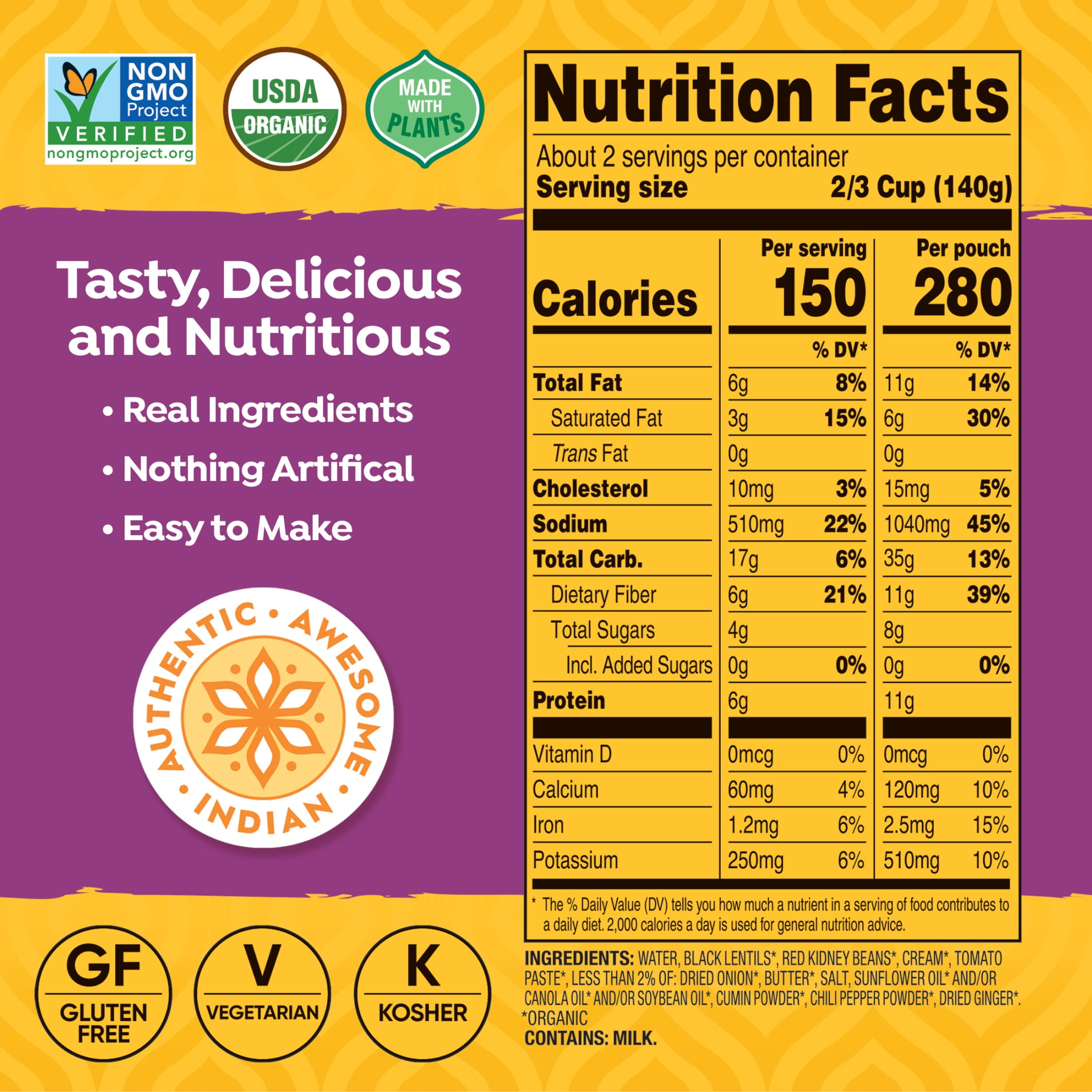 (6 pack) Tasty Bite Organic Madras Lentils 10oz - Savory lentil curry