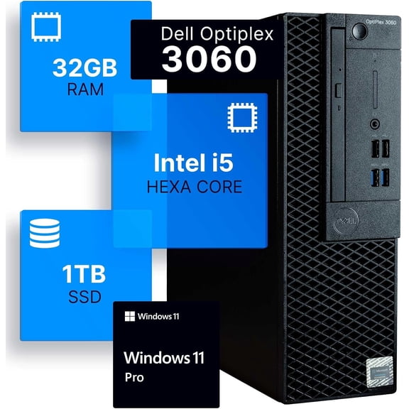 Restored Dell Desktop PC, Core i5-8500, 32G RAM, 1TB SSD, WiFi, BT, Windows 11 Pro