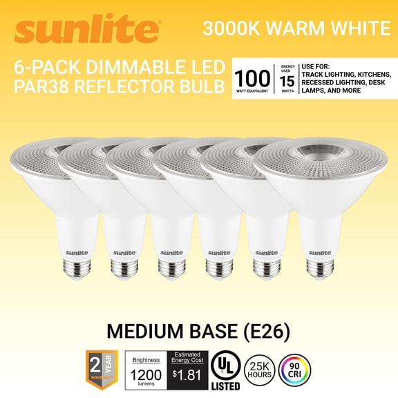 Sunlite LED PAR38 Long Neck Spotlight Bulb, 15 Watts (100W Halogen EQ), Medium E26 Base, Dimmable,UL Listed, 3000K Warm White, 6-Pack