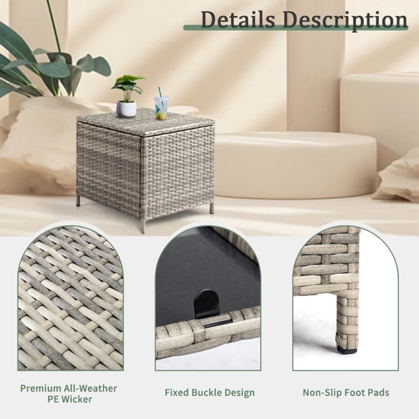 Outdoor PE Wicker Side Table with Storage, Patio Rattan End Table Square Container for Furniture Covers, Toys and Gardening Tools