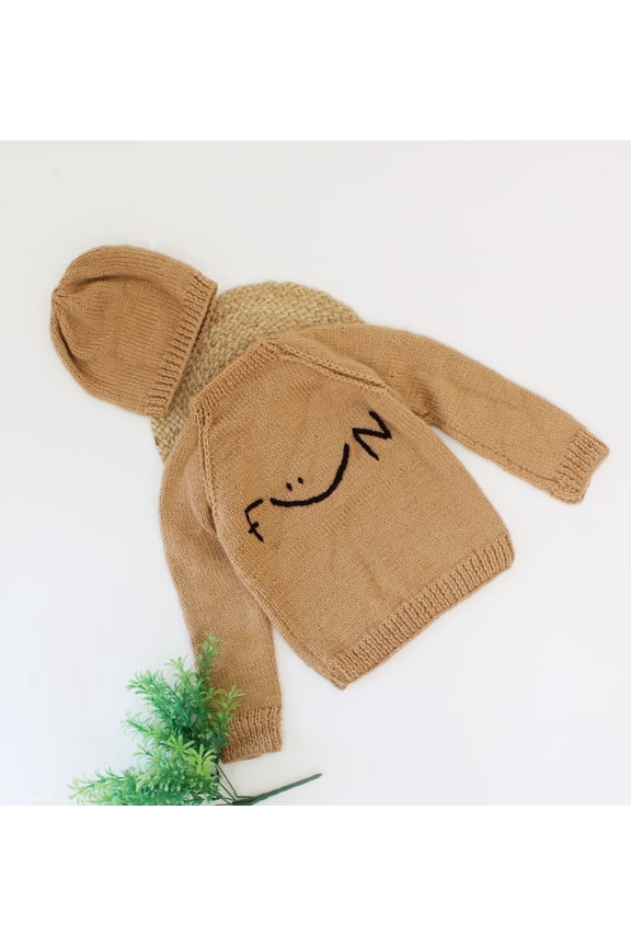Hand Knitted Sweater with Fun Embroidered Text and Matching Cap