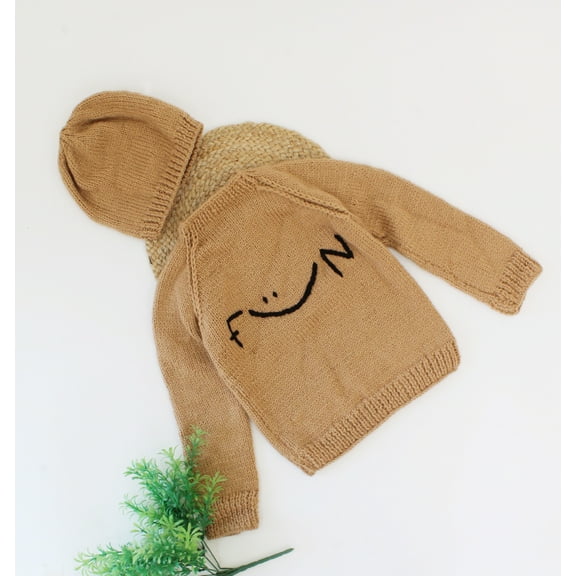 Woonie Hand Knitted Sweater with Fun Embroidered Text and Matching Cap