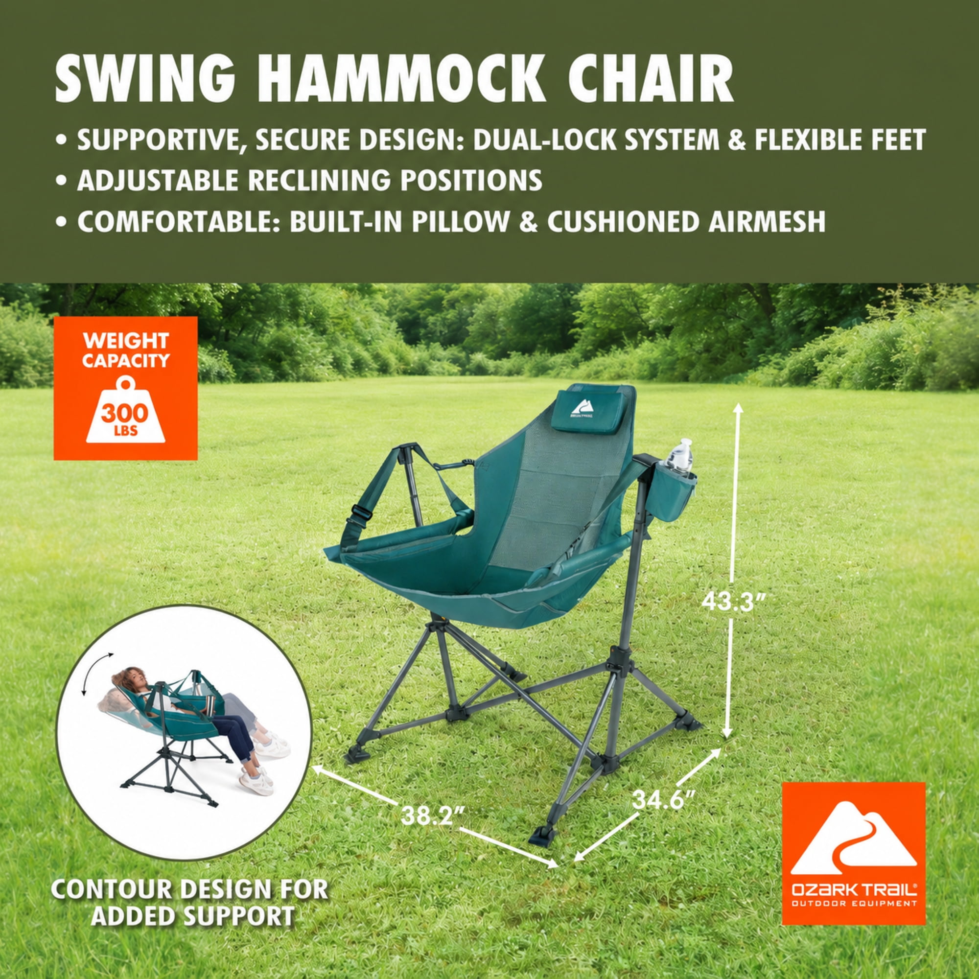 Ozark Trail Swing Hammock Chair with Built-in Pillow, Green