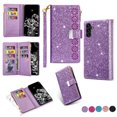 thumbnail image 2 of Dteck Samsung Galaxy A14 5G Case Wallet,Bling Glitter Folio Flip PU Leather Zipper Pocket Magnetic Clasp Folding Stand Full Body Sparkle Purse Phone Case with 9 Card Holder&Strap,Purple, 2 of 8