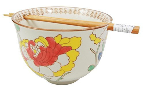 Japanese Design Ceramic Ramen Noodles Bowl Chopsticks Set Orange Flower Blossoms 