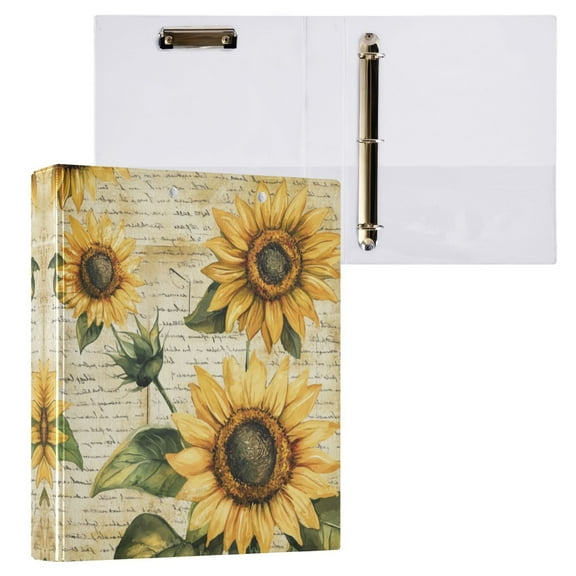 Vintage Sunflowers 3 Ring Hardcover Binders 1.5in Round Rings for Letter-Size Folder Paper Organizer Pockets for Office Student Recipe