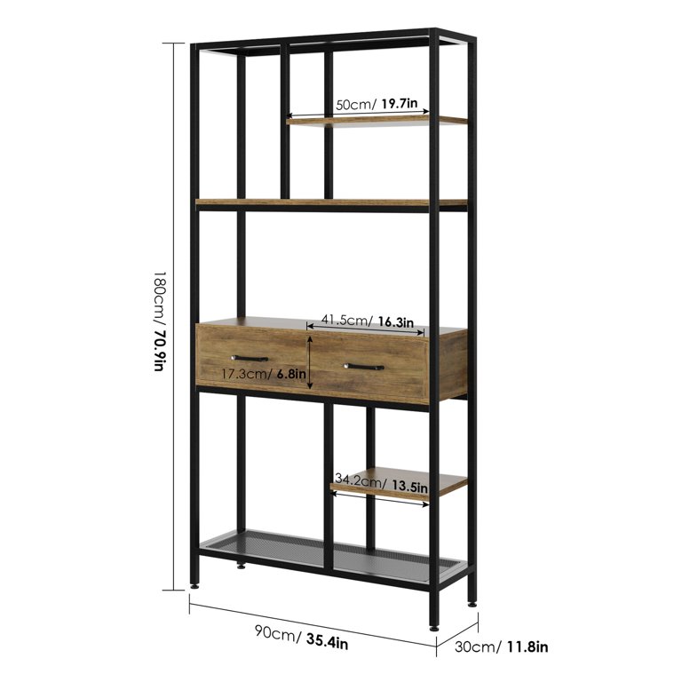 Homfa 5-tier Iron Bookcase with 2 Drawers, Industrial Tall Bookshelf with 7  open storage shelves, Free Standing Display shelf with Metal Frame, Black  Gold 