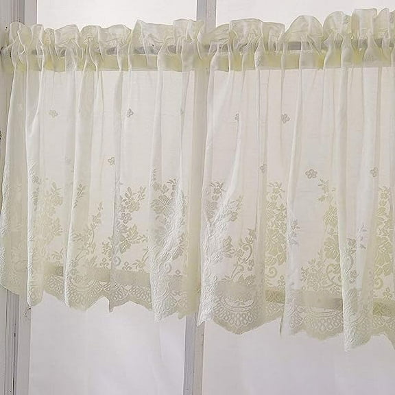 Nvzi Lace Sheer Kitchen Cafe Curtain Valance Floral Embroidered Rod Pocket Short Curtain for Small Window 1 Piece (51" x 16", Beige)