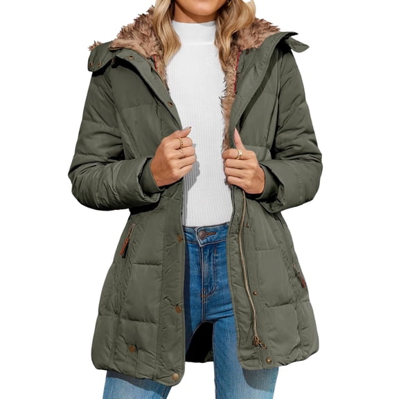 yuCgh Women's Solid Color Hooded Jacket Cotton Jacket with Mid-Length Design for Winter Warm and Comfortable Outerwear for Daily Use,Army Green L