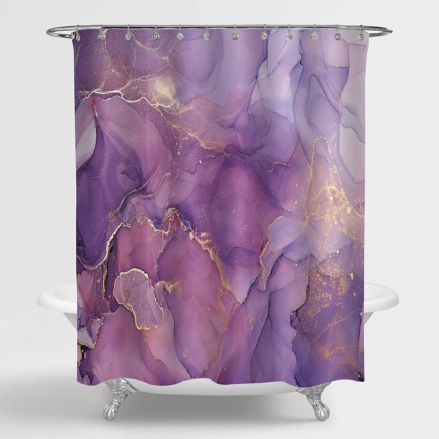 Extra Long Shower Curtain 72 x 84, Purple Marble Shower Curtain Set with Hooks, Abstract Ink Art Lavender Gold Watercolor Elegant Waterproof Fabric Shower Curtains for Modern Bathroom Decor