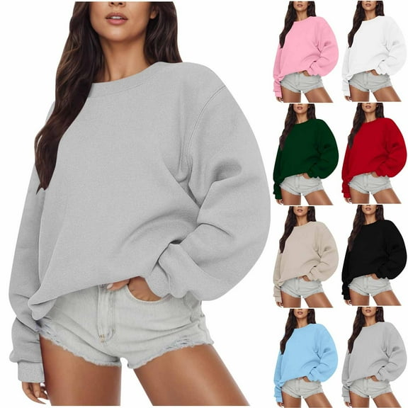 Ashirexll Crewneck Sweatshirts Women Oversized Sweatshirt for Women Casual Loose Solid Color Side Pleated Round Neck Long Sleeve Pullover Top