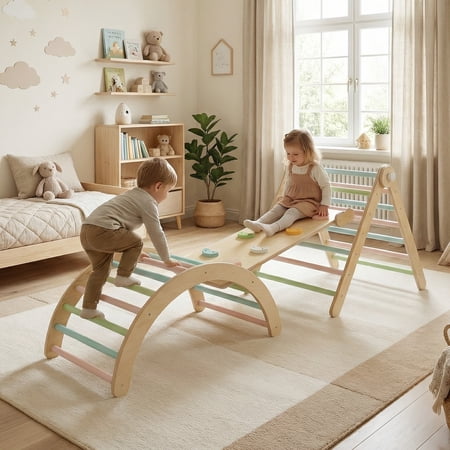 Set 7 in 1 Climbing Toys for Toddlers with Arch Ramp and Ladder Wooden Indoor Playground Jungle Gym for Kids 1-3 Years Old