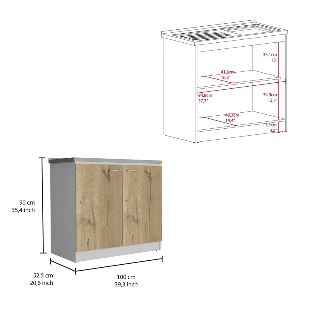 Rainlex Napoles 39" White & Light Oak Utility Sink Cabinet with Stainless Steel Basin, Double Doors & Shelf Storage