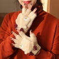 thumbnail image 3 of Girls Fingerless Gloves Keep Warm Cartoon Pattern Thickened Flip Top Gloves for Winter Beige, 3 of 5
