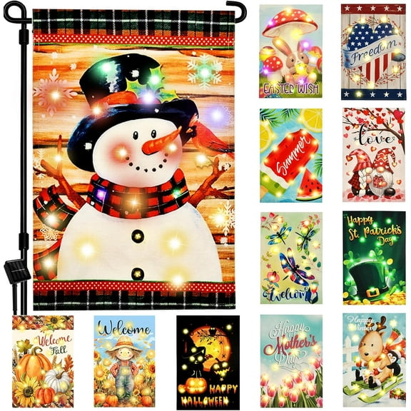 Solar Seasonal Garden Flags Set of 12, Lighted 12×18 Double-Sided Yard Flags for Outside Halloween Christmas Fall Thanksgiving Day Decorations Welcome Flag Outdoor Holiday Decor