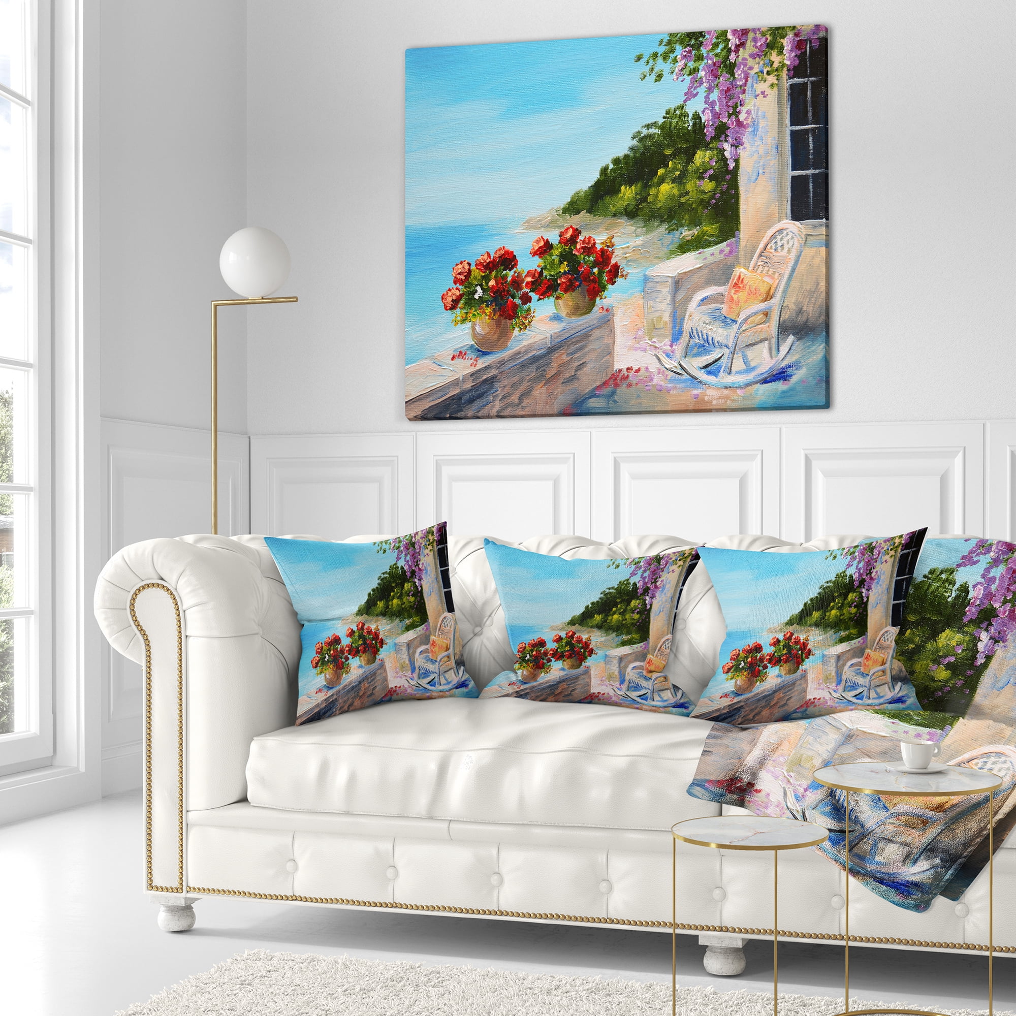 Designart Balcony Near the Sea - Landscape Painting Throw Pillow - 18x18