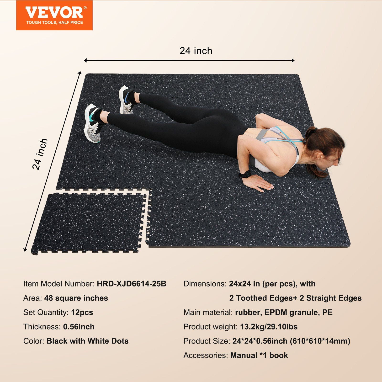 12-Pack 0.56" Thick Interlocking Gym Floor Mats, 24"x24" EVA Foam & Rubber Top, 48 sq.ft Coverage, Waterproof Exercise Mats for Home Gym, Garage, Black & White