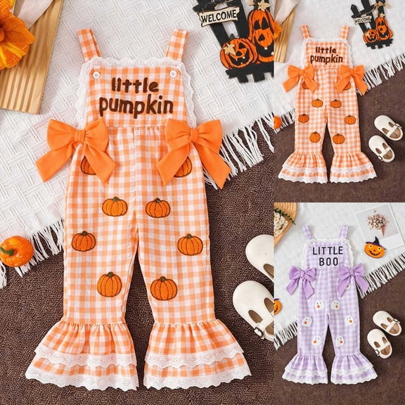 18-24 Months Newborn Baby Halloween Outfit Toddler Overalls Pumpkin Romper Flared Suspender Pants For One-Piece Romper Newborn Pajamas