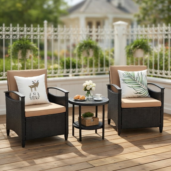 Topcobe 3 Pieces Wicker Patio Furniture Set, Cushioned Sofa, Small Patio Set with Round Coffee Table