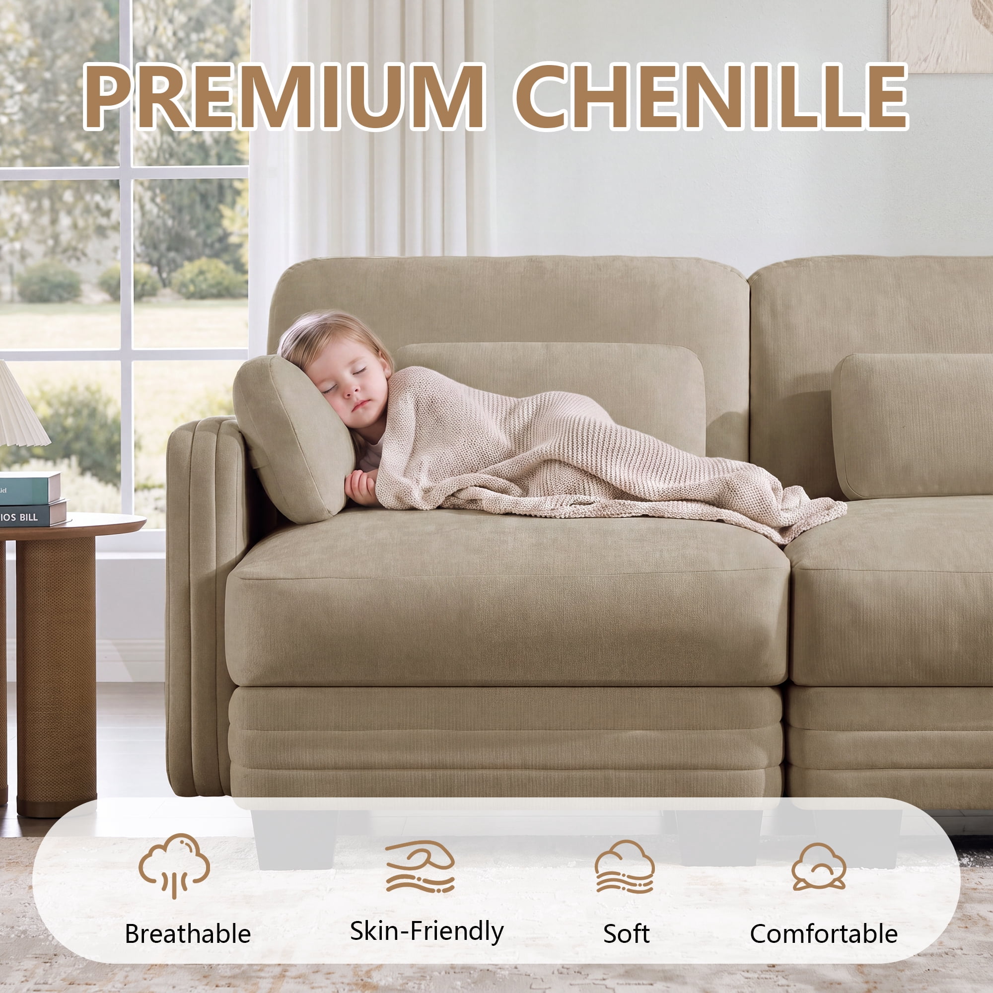 100" L Shape Modern Modular Sectional 3 Seater Sofa Couch with Movable Ottoman and 5 Pillows