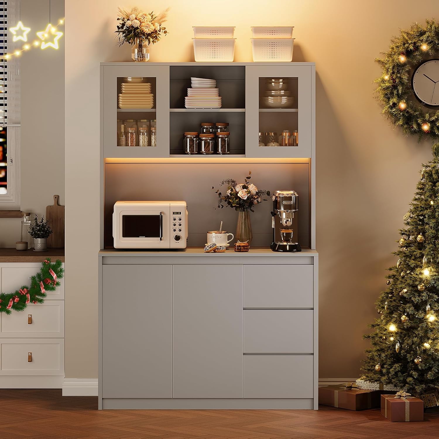 71" Pantry Cabinet with Charging Station,Tall Kitchen Pantry Storage Cabinet with Led Lights,Kitchen Hutch with Microwave Stand for Dining Room, Living Room