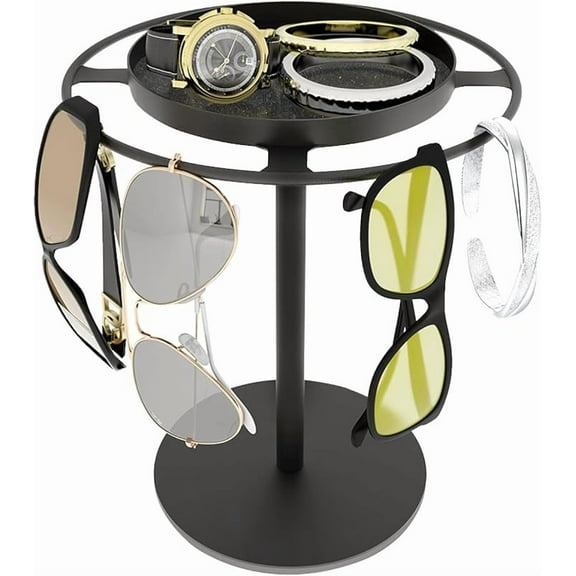 Xuet Metal Sunglasses Organizer, Glasses Holder Stand with Storgae Tray, Eyeglasses Holder with Anti-Slip Pads for Tabletop, Desk, Dresser, Matte Black
